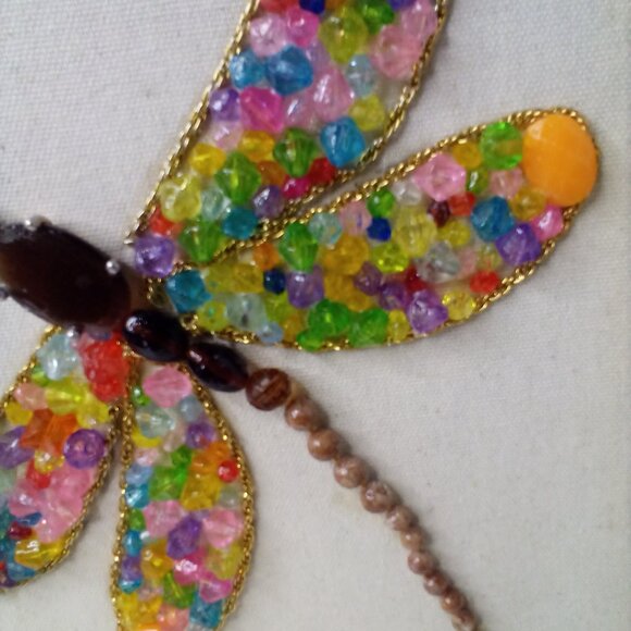Handmade Dragonfly Beaded Artwork Stones Mixed Media Canvas Framed Decor 12 x 10 - Picture 9 of 15